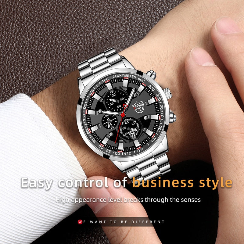 Fashion Mens Business Stainless Steel Quartz Wrist Watch