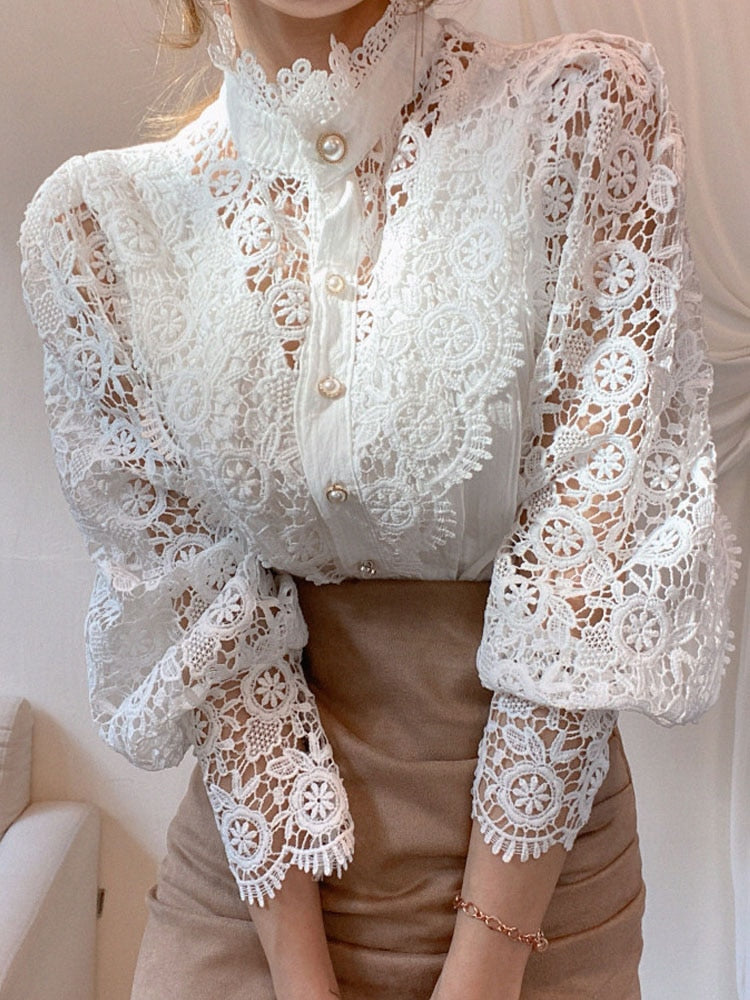 Petal Sleeve Stand Collar Hollow Out Flower Lace Patchwork Shirt