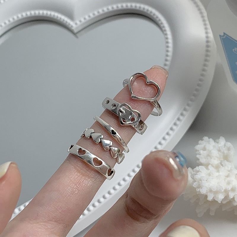 Hollow Heart Ring Set 5PCS Elegant Vintage Adjustable