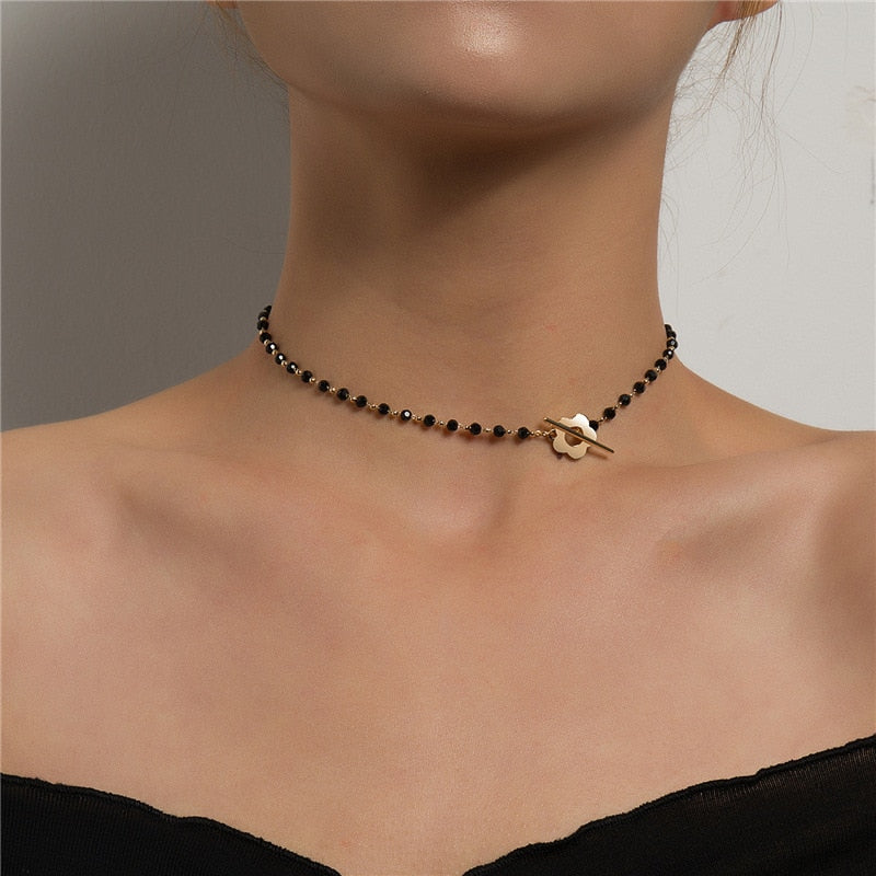 Luxury Black Crystal Glass Bead Chain Choker Necklace