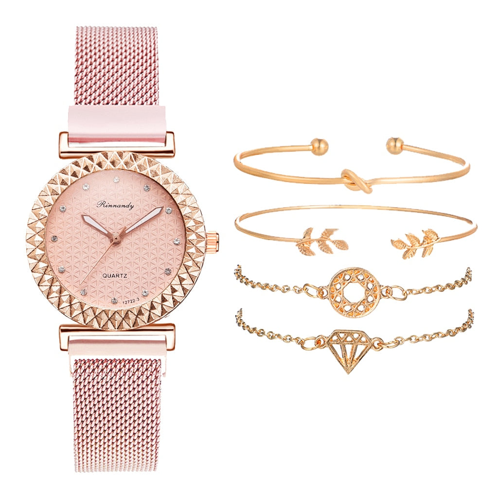 5PCS Women Set Luxury Rose Gold Dress Quartz Watch Bracelet