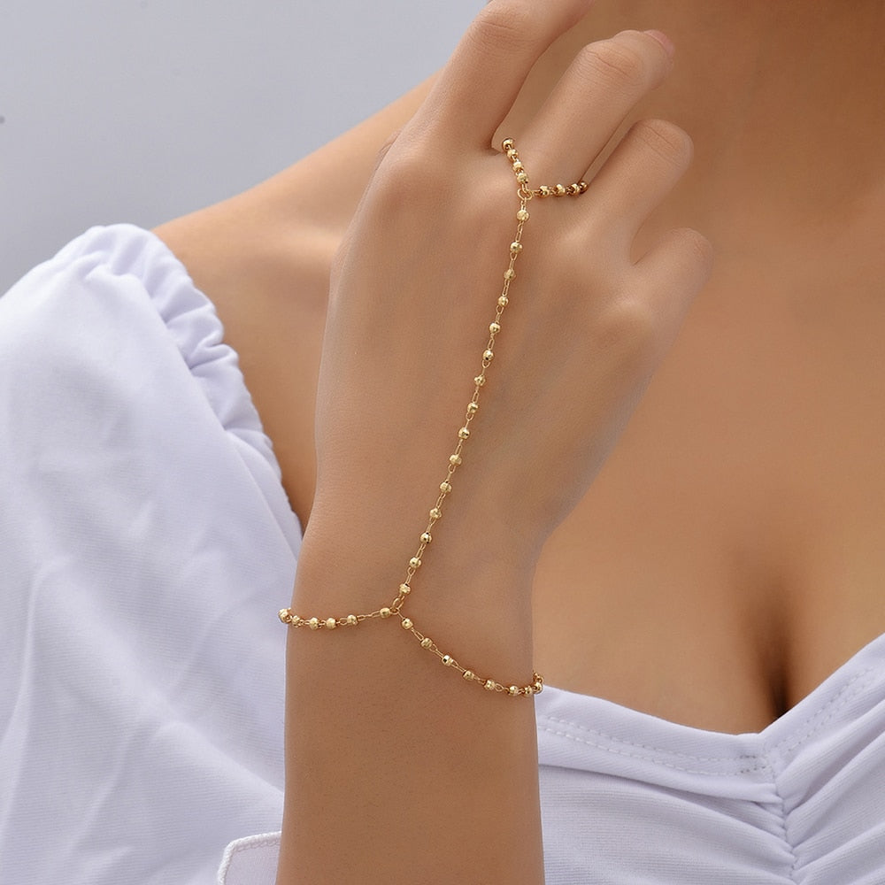 Simple Link Connected Gold plated Wide Finger Ring Bracelet