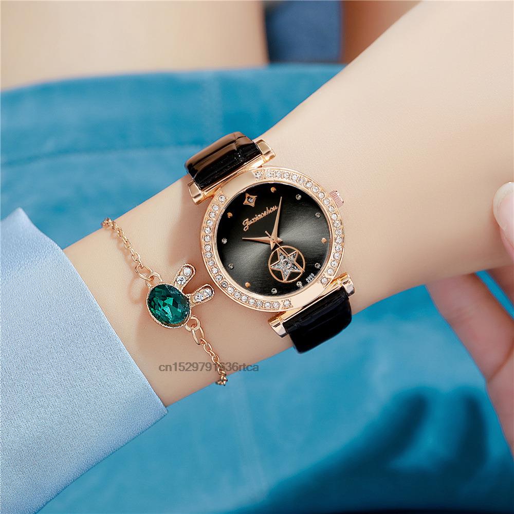 Luxury Diamond Studded Quartz Leather Watch