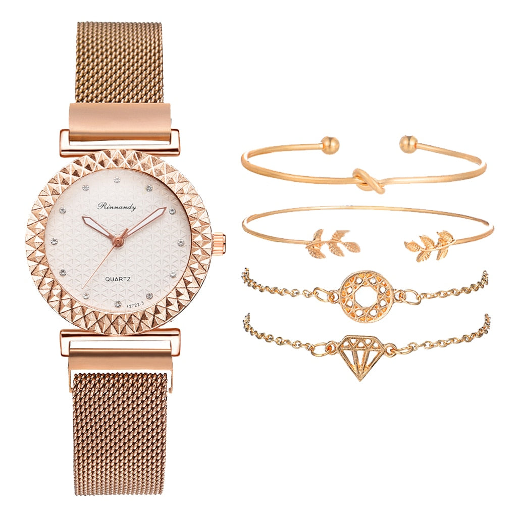 5PCS Women Set Luxury Rose Gold Dress Quartz Watch Bracelet