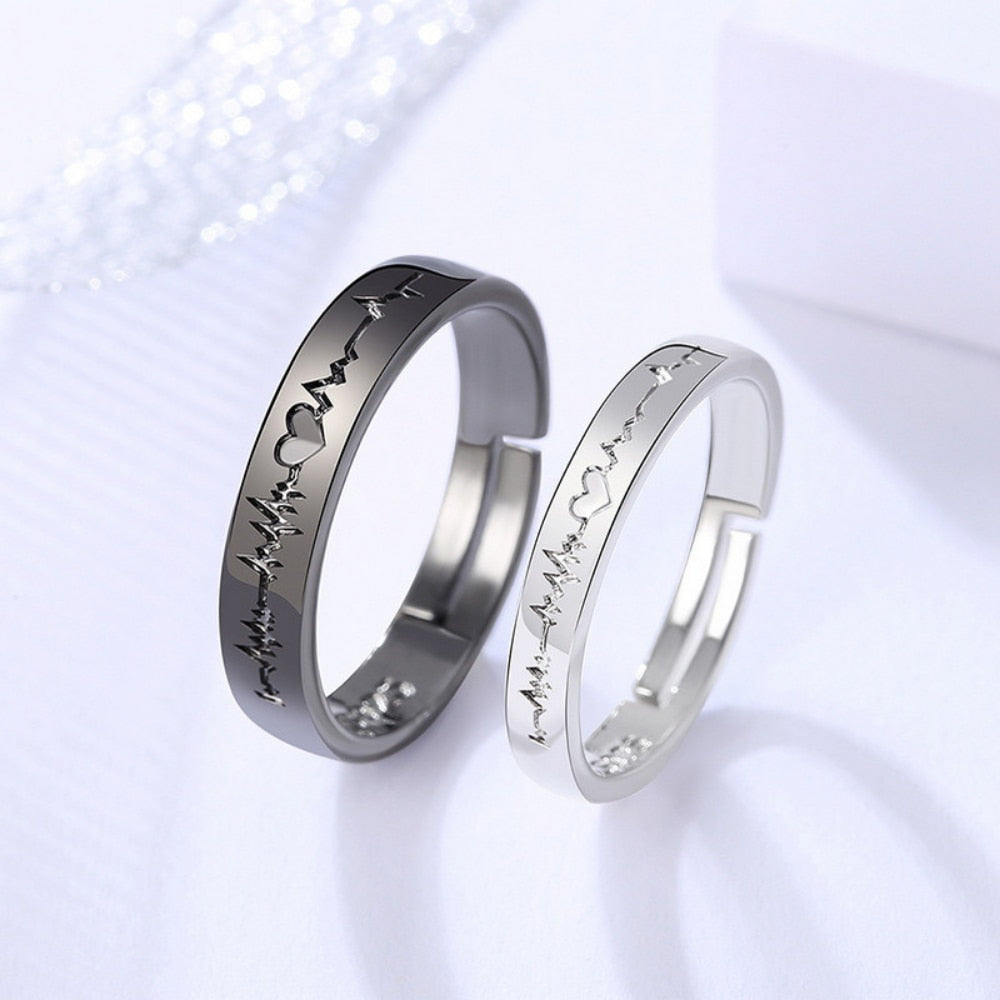 2Pcs/set Punk Heart ECG Black White Forever Love Promise Ring
