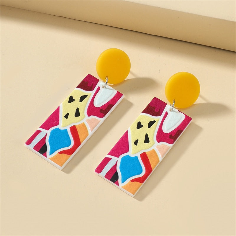 Retro Acrylic Flower Temperament Contrast Color Square Earrings