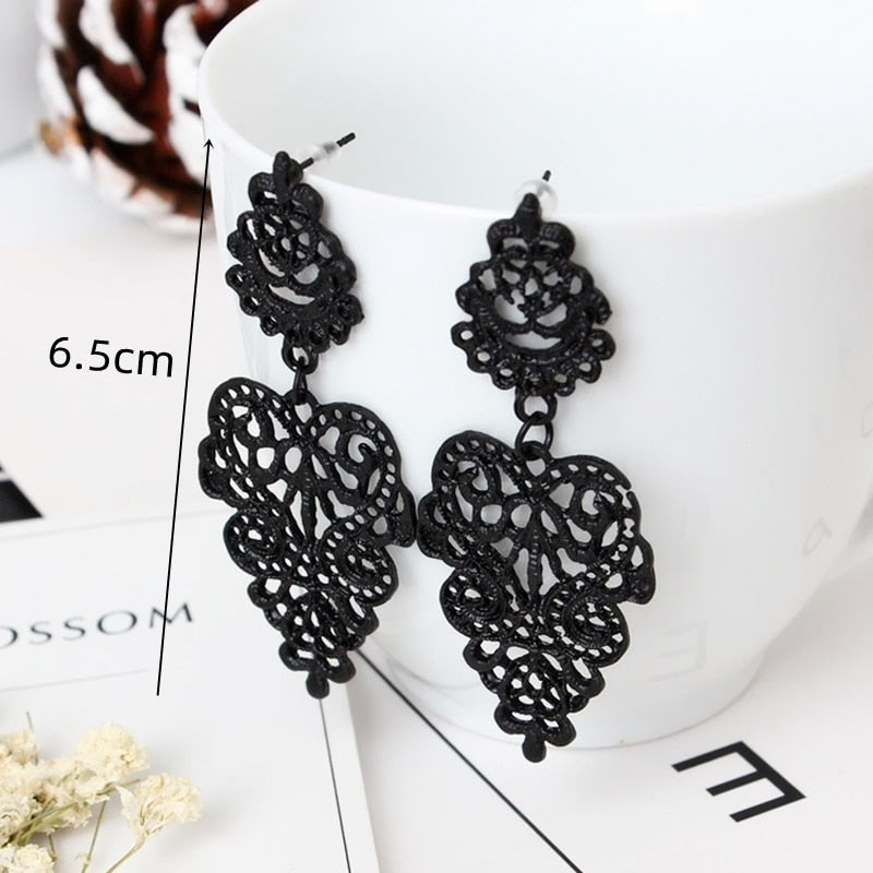 Big Black Flower Hanging Earrings For Women Exaggerated Rock Personality
