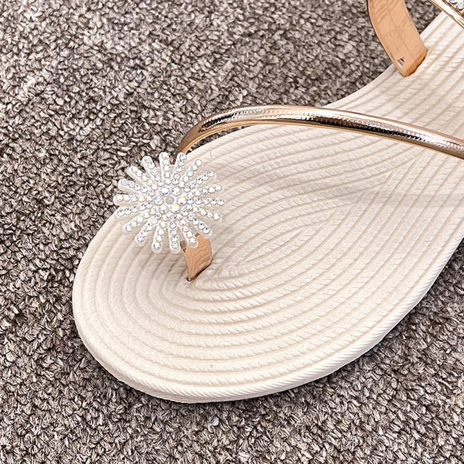 Pearl Set Toe Elastic Sandals Flat Strap Slippers