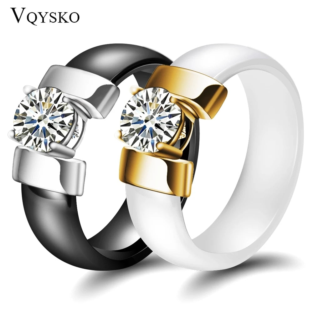6mm White Black Ceramic Rings Plus Cubic Zirconia For Women