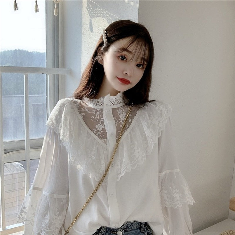 Lace Up Ruffled Women Blouse