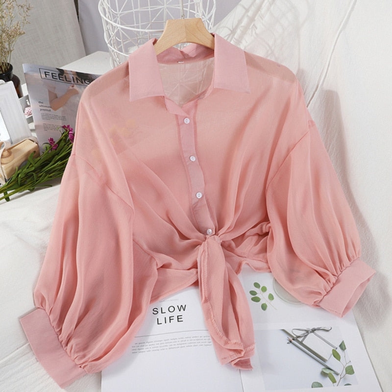 Summer Buttoned Up Shirt Loose Blouse Chiffon Shirt