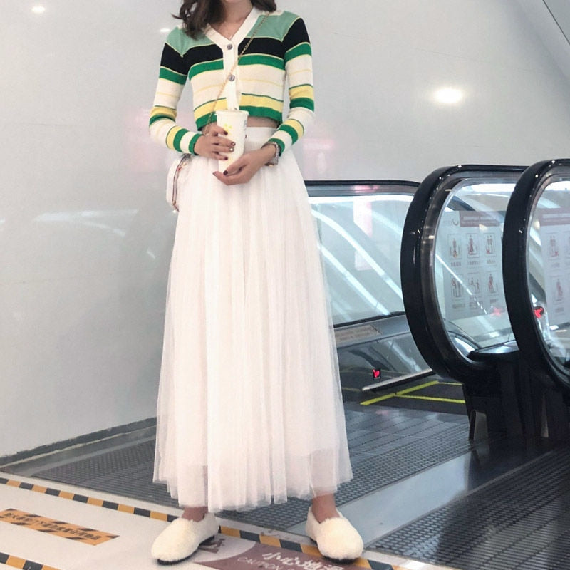 3 layers High Waist Pleated Long Skirt