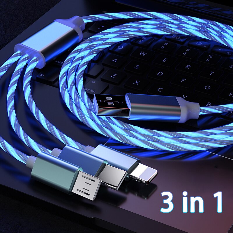 3 in 1 3A Fast Charging Glowing LED Light Micro USB Type C Cable For iPhone Samsung Xiaomi Redmi Phone Charger USB Cable