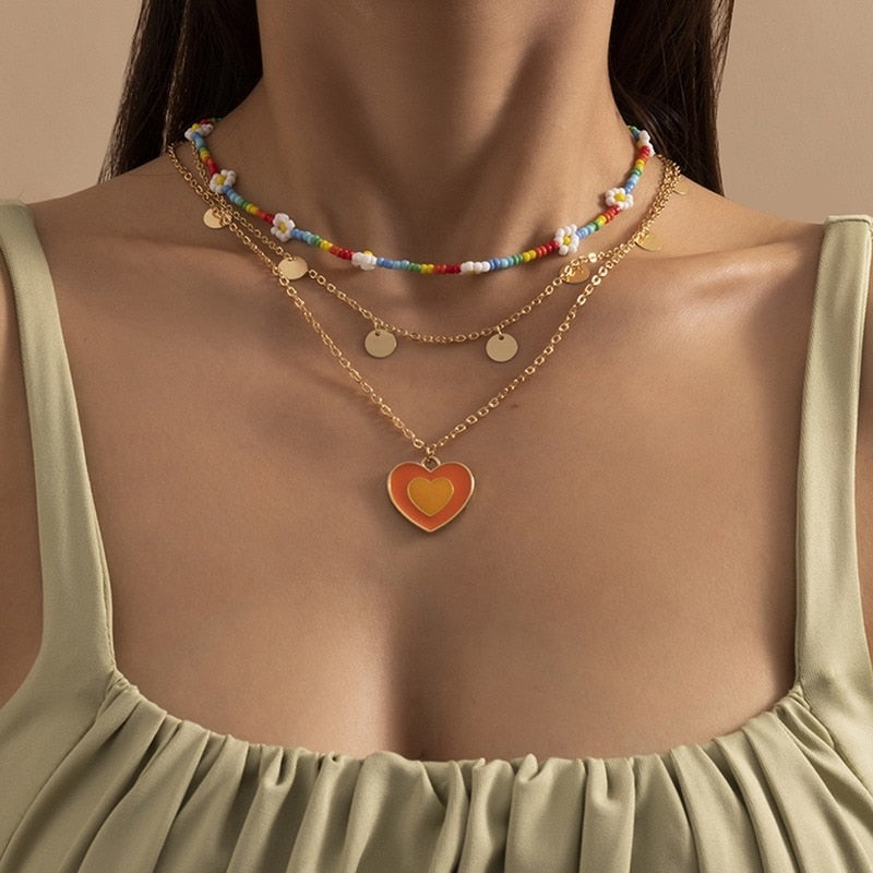 Bohemian Colorful Beads Shell Heart Layered  Necklace For Women