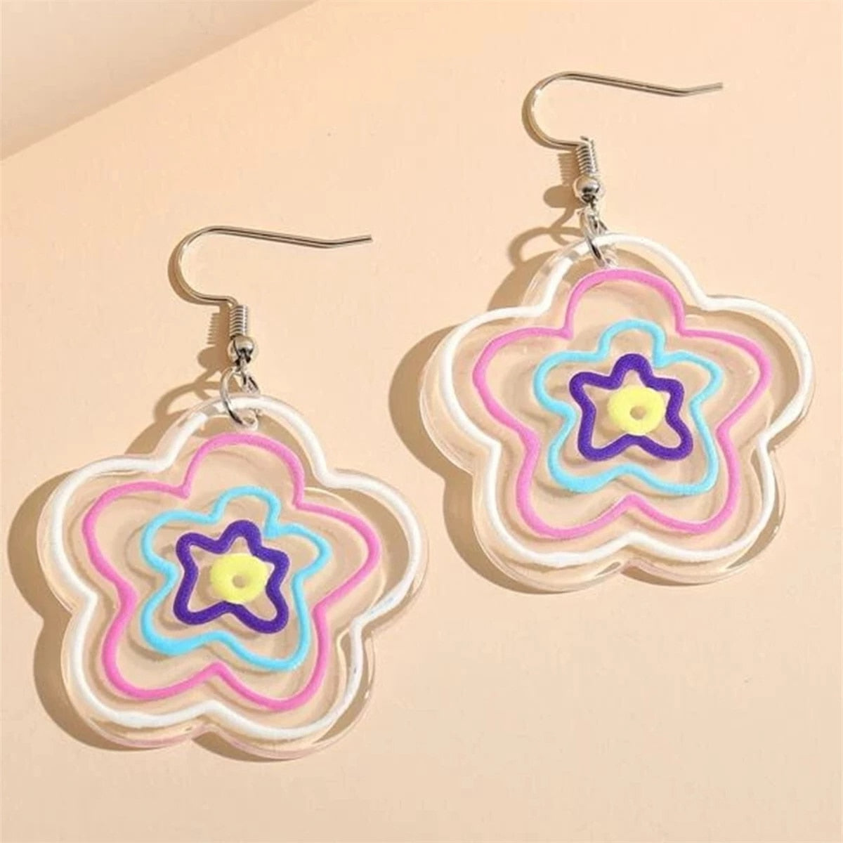 Retro Acrylic Flower Temperament Contrast Color Square Earrings