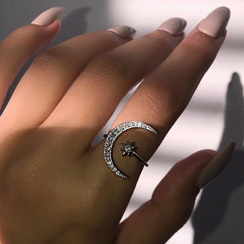 Zircon Moon Star Stainless Steel Adjustable Finger Ring