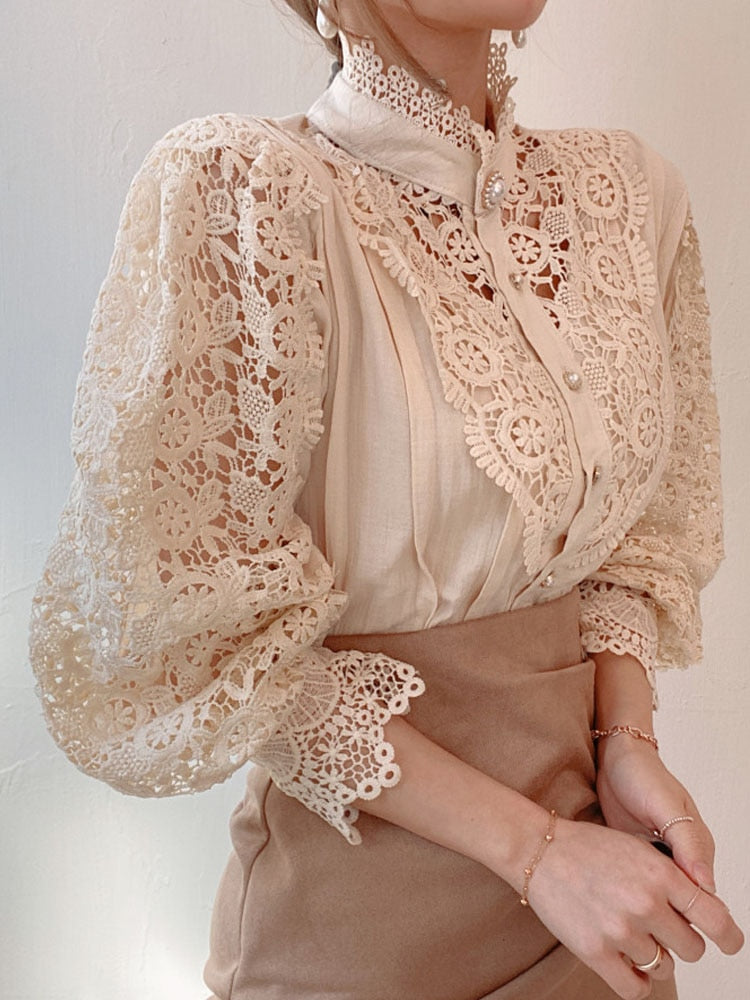 Petal Sleeve Stand Collar Hollow Out Flower Lace Patchwork Shirt