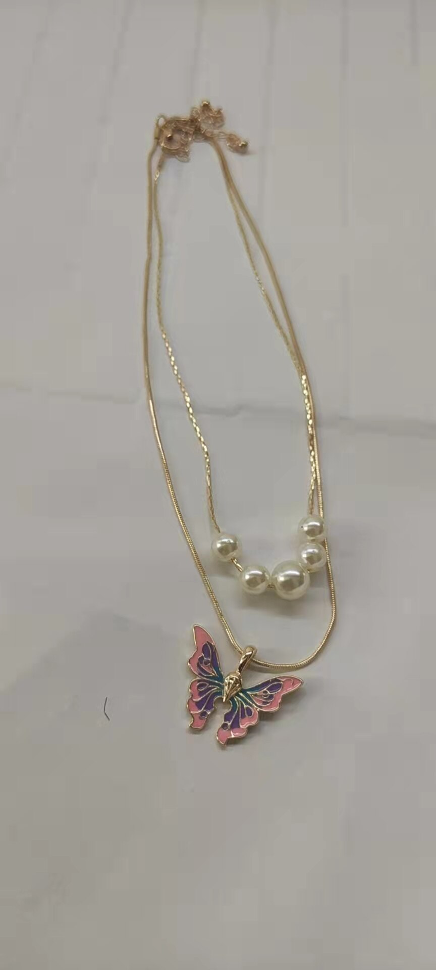 Thai Pop Butterfly Pearl Double Choker Chain Necklace