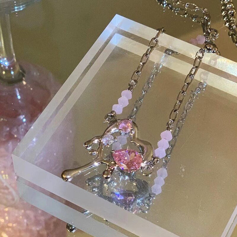 UILZ Sweet Pink Heart Zircon Choker Necklace