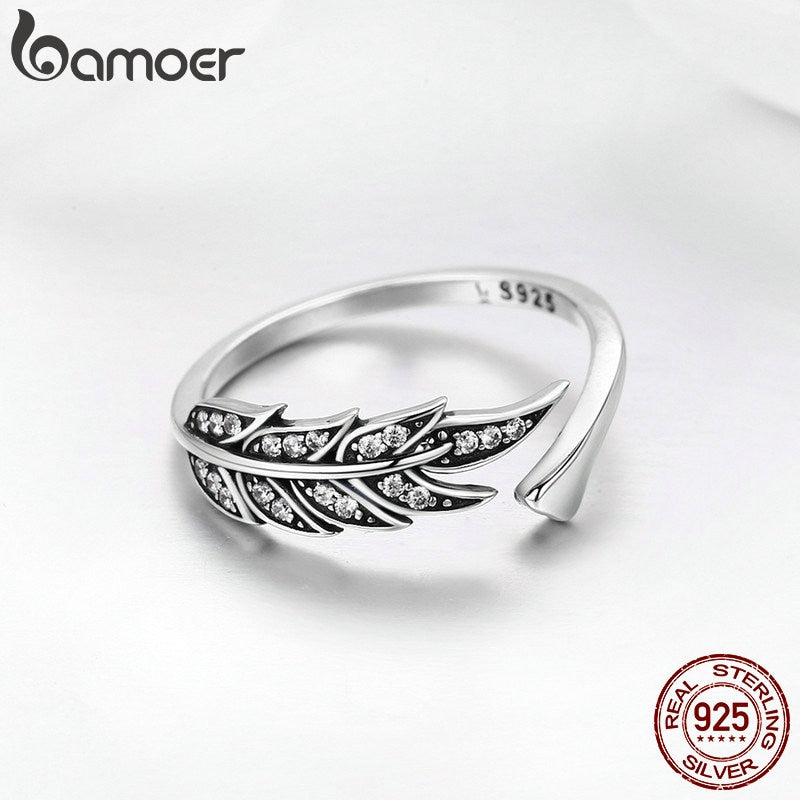 BAMOER 925 Sterling Silver Feather Wings Adjustable Finger Ring
