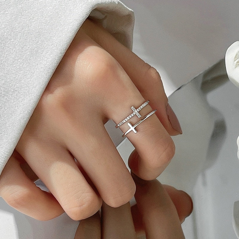 Silver Color Double Cross Flashing Zircon Open Ring