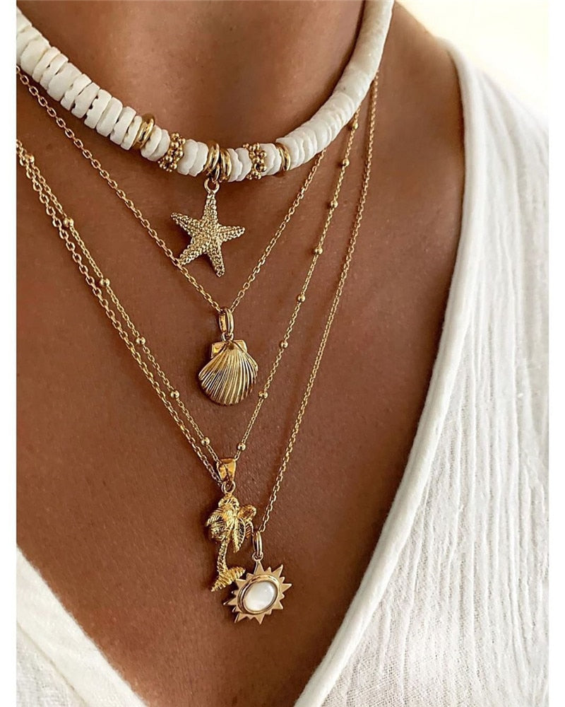 Bohemian Colorful Beads Shell Heart Layered  Necklace For Women