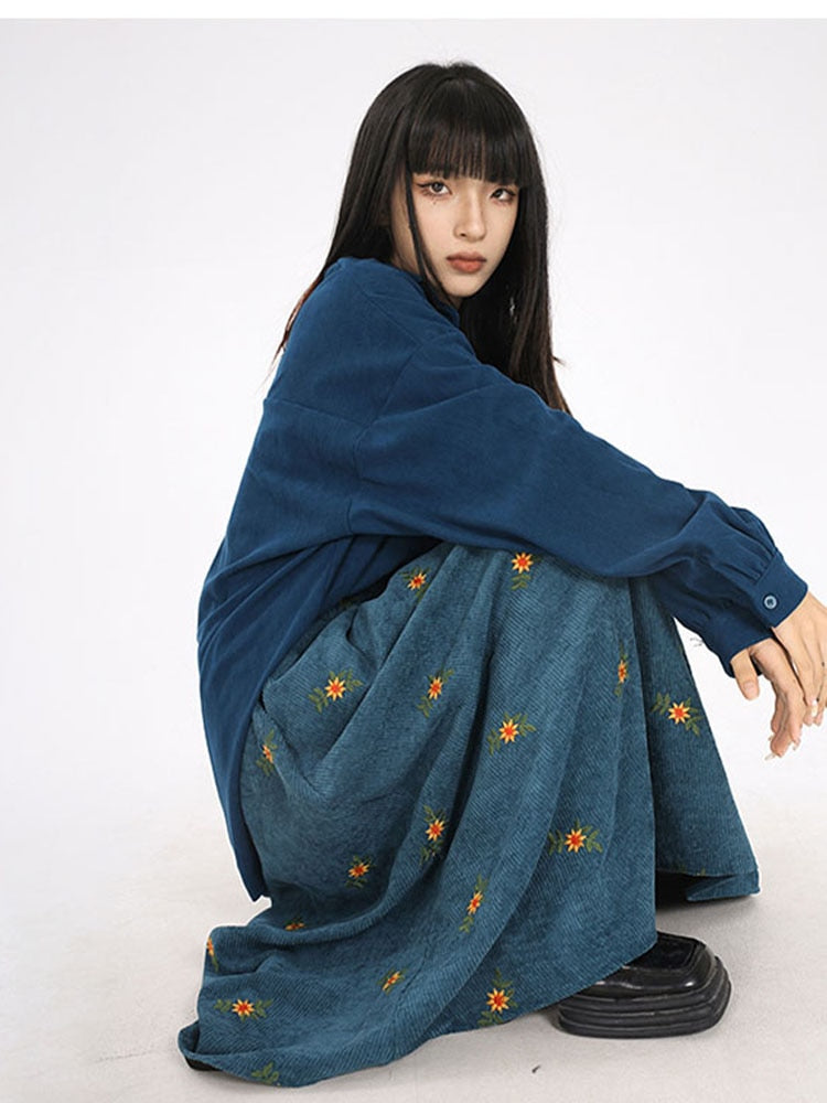 Korean Style High Waist Corduroy Embroidery Loose Floral A-line Long Skirt