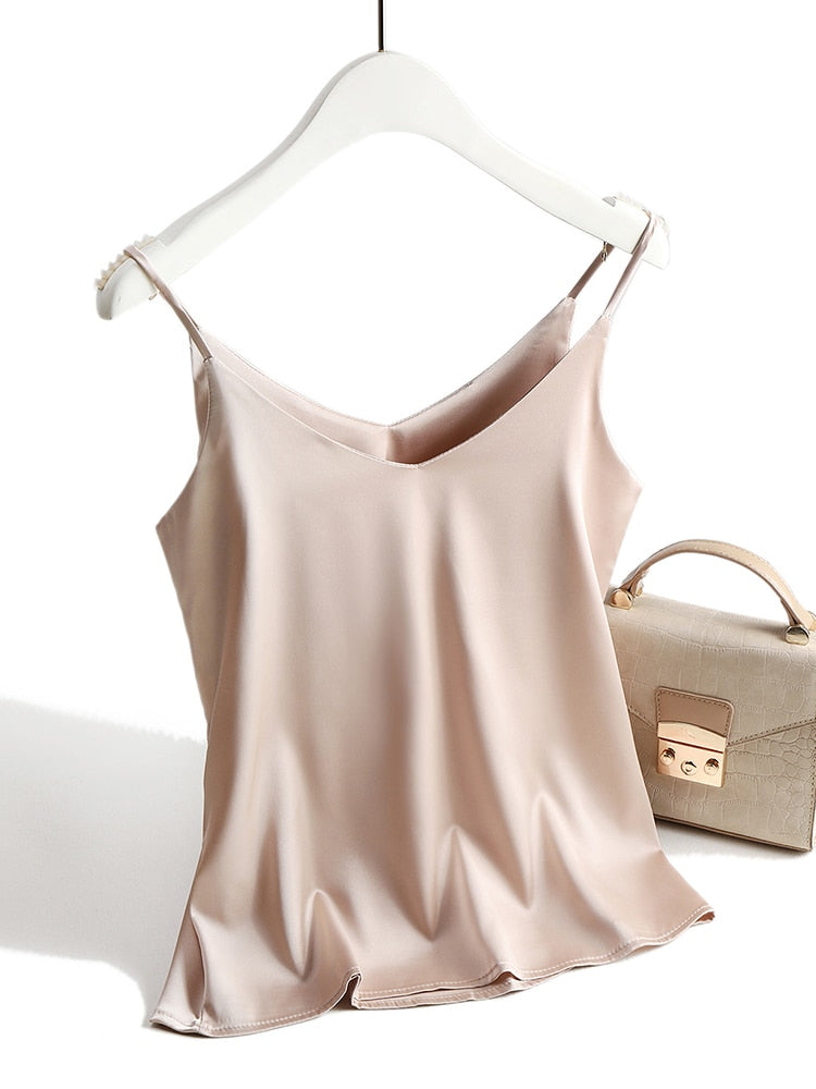 Spaghetti Strap Halter V Neck Sleeveless Satin Silk Tank Top