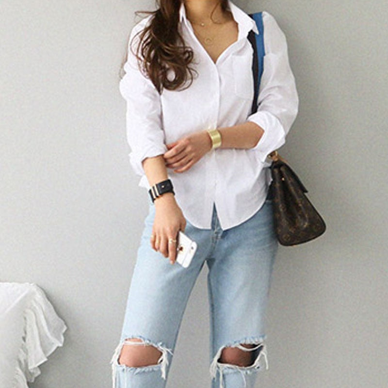 Feminine Blouse Long Sleeve White Turn-down Collar OL Style Loose Blouse