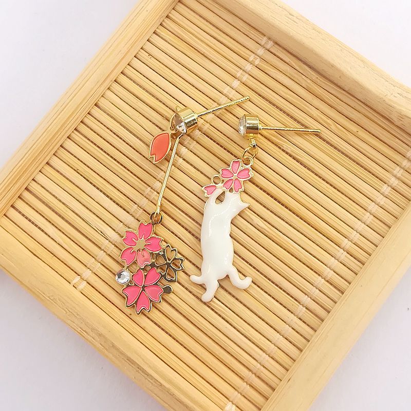 Animal Cat Cherry Blossoms Asymmetrical Earring Party Kitten Jewelry Gifts