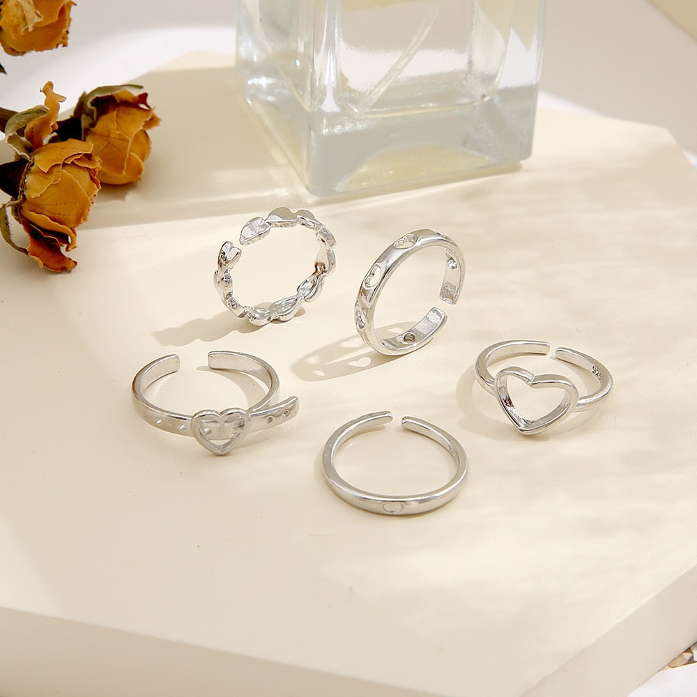 Hollow Heart Ring Set 5PCS Elegant Vintage Adjustable