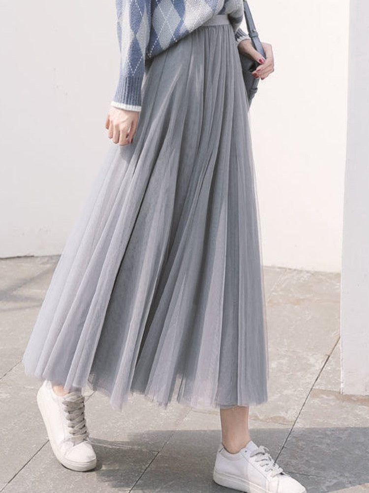 3 layers High Waist Pleated Long Skirt
