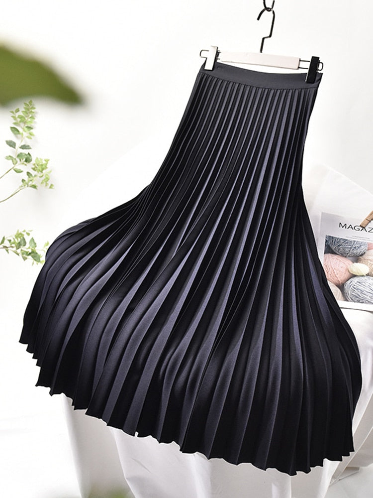 Elegant Chic Solid Pleated High Waist Skirt