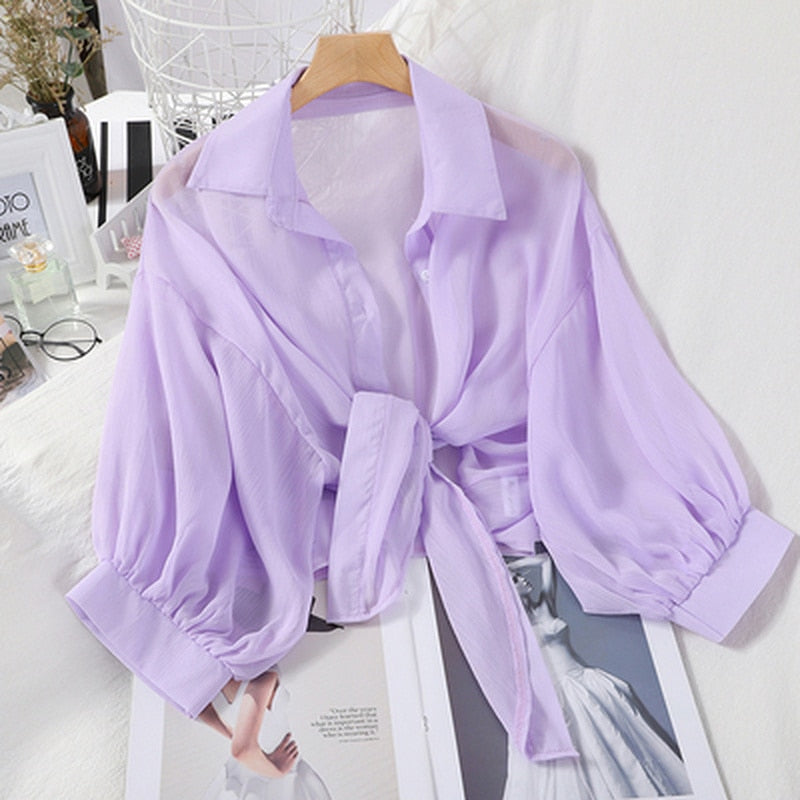 Summer Buttoned Up Shirt Loose Blouse Chiffon Shirt