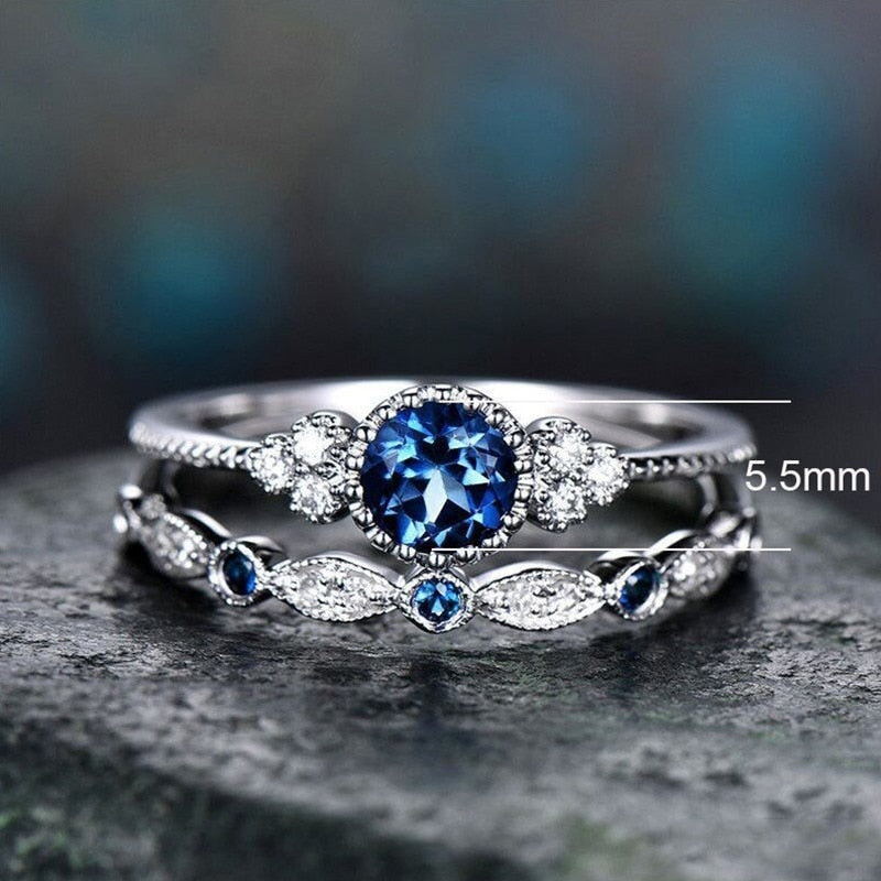2Pcs/Set Classic Silver Plated Cut Created Birthstone Delicate Ring