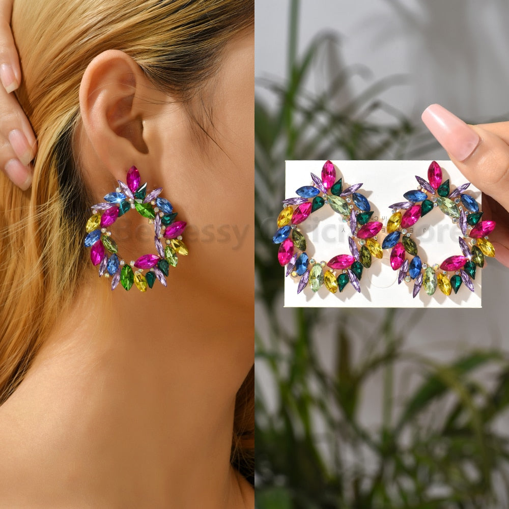 Shiny Rhinestone Piercing Earrings For Women Large Round Elegant Crystal Luxury Ear Studs Girl Trendy Statement Fashion Jewelry