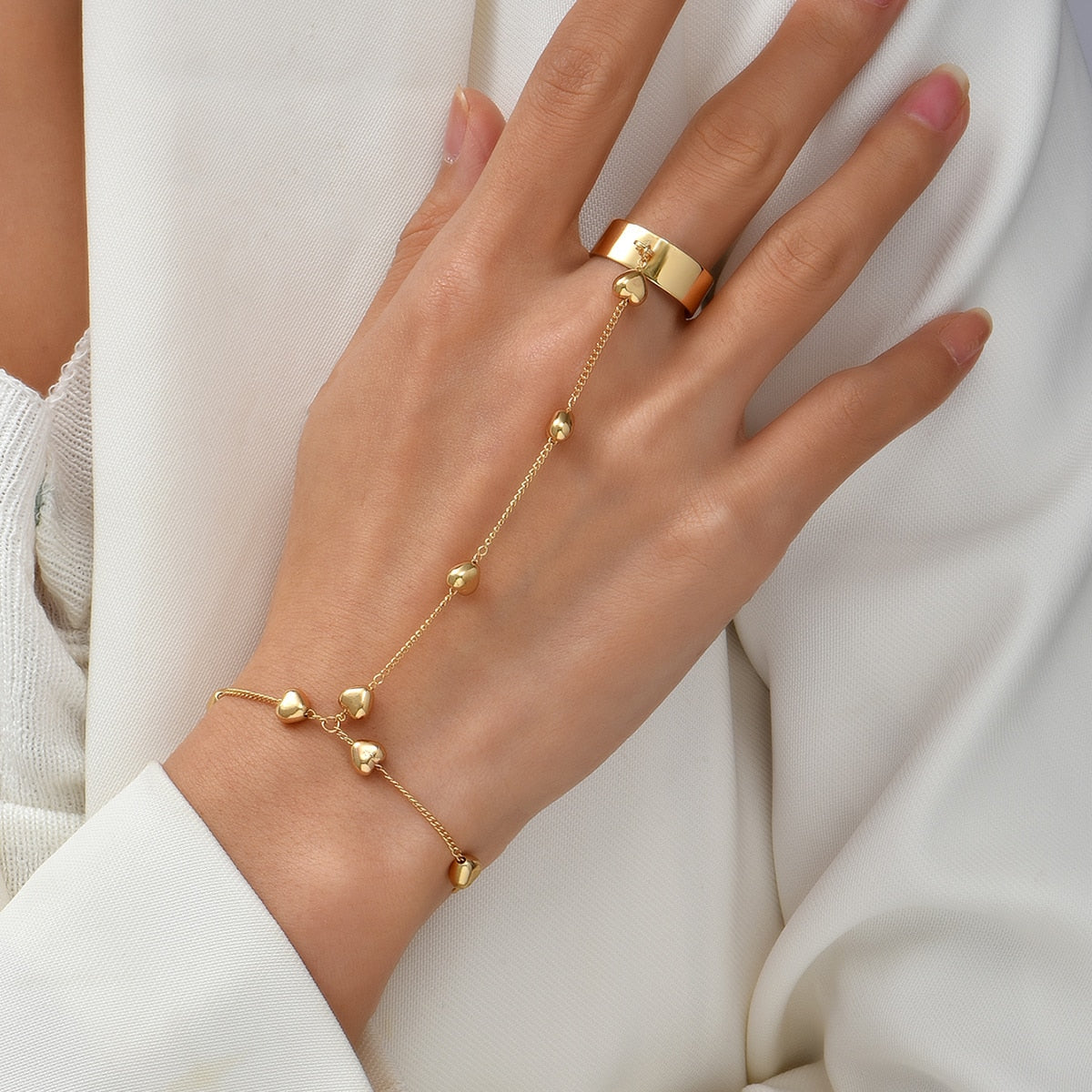 Simple Link Connected Gold plated Wide Finger Ring Bracelet