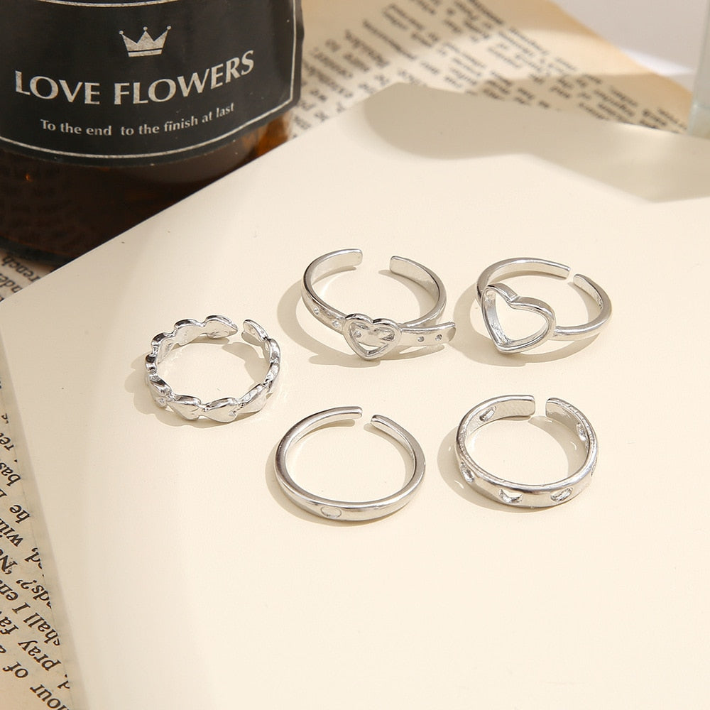Hollow Heart Ring Set 5PCS Elegant Vintage Adjustable