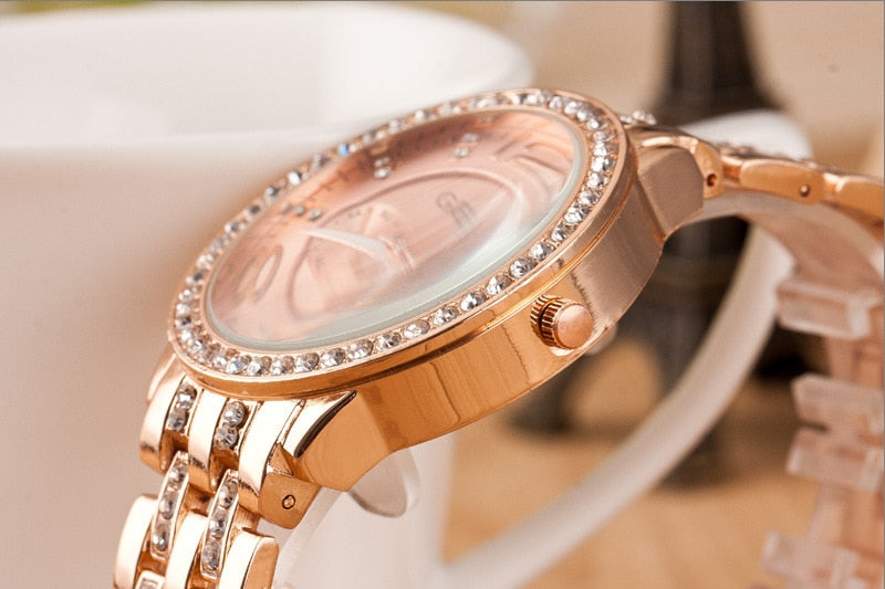 Luxury Geneva Brand Women Gold Stainless Steel Quartz Watch