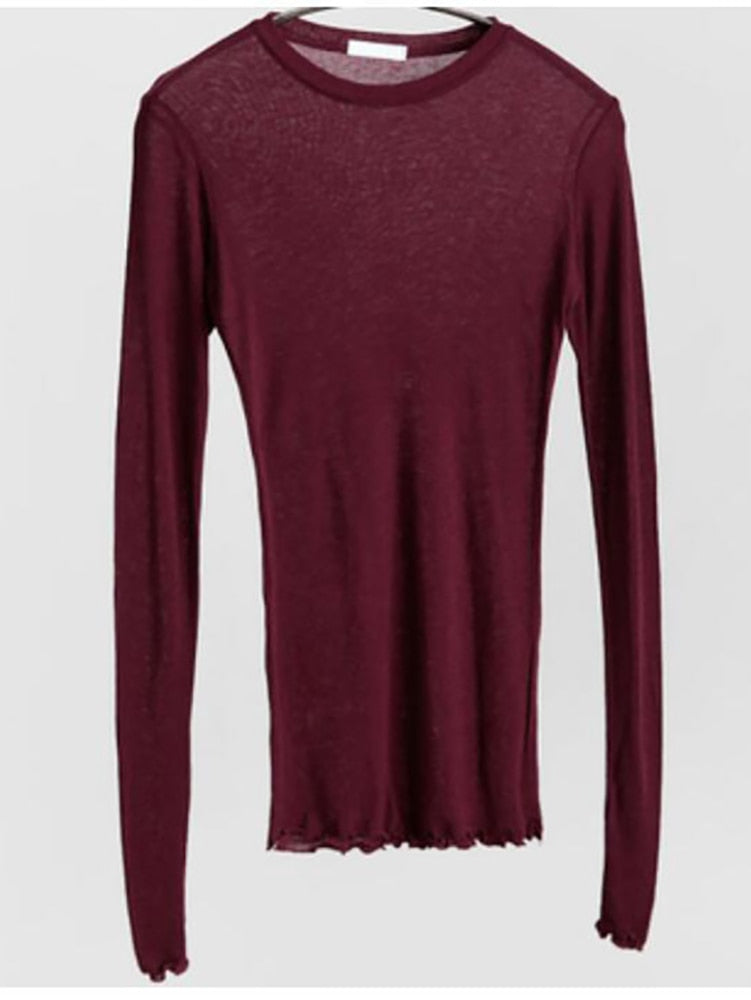 Slim High Quality Long Sleeve Sexy Thin T-shirt see through