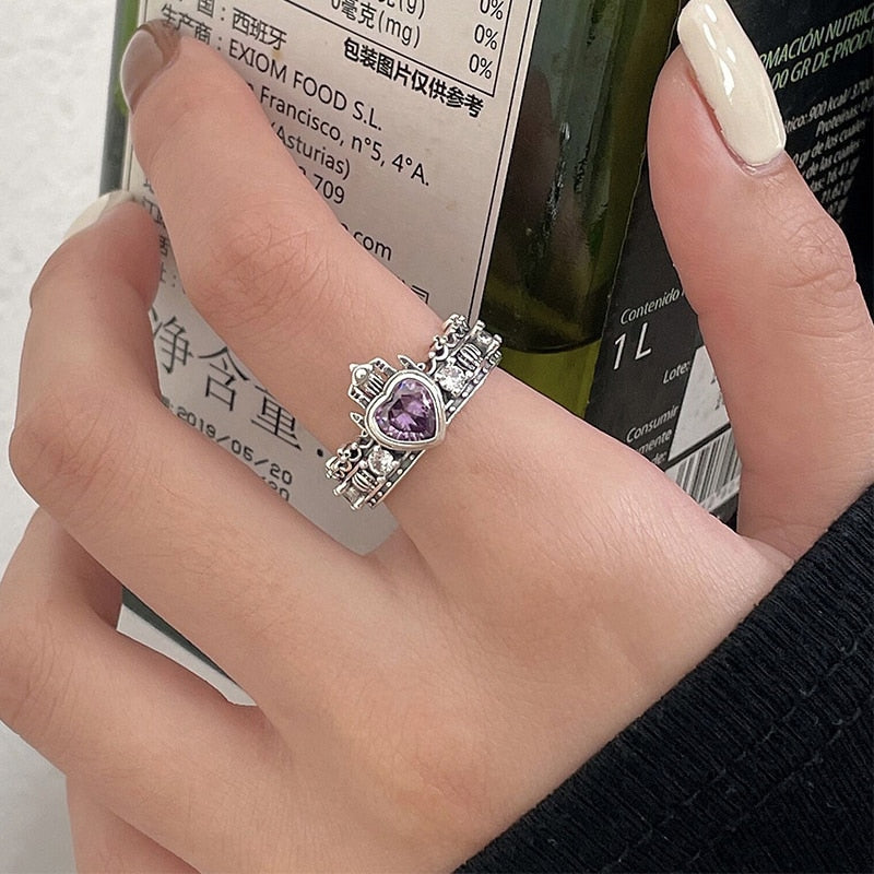 Pink Crystal Irregular Heart Ring Y2K Creative Blue Opal Broken Heart Ring