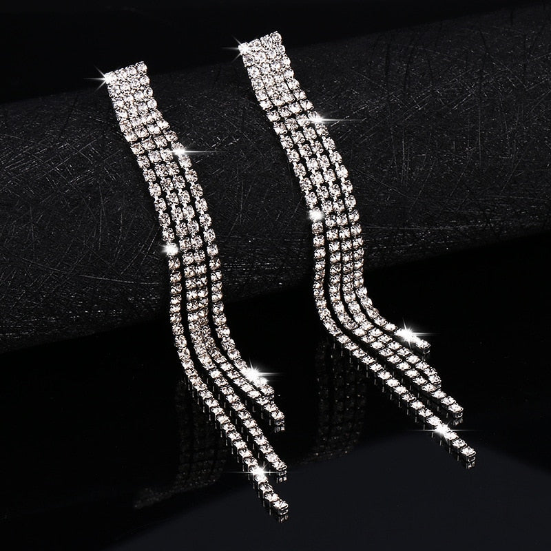 Luxury Rhinestone Crystal Long Tassel Drop Dangling Earrings