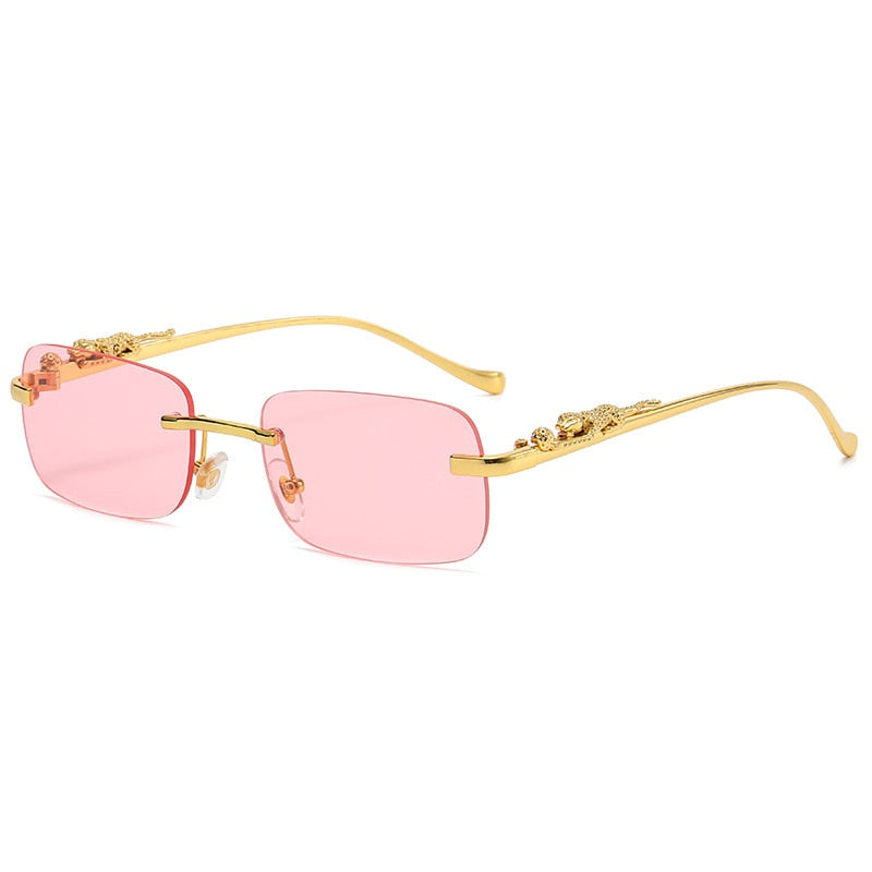 New Rimless Rectangle Vintage Metal Leopard Head Sunglasses