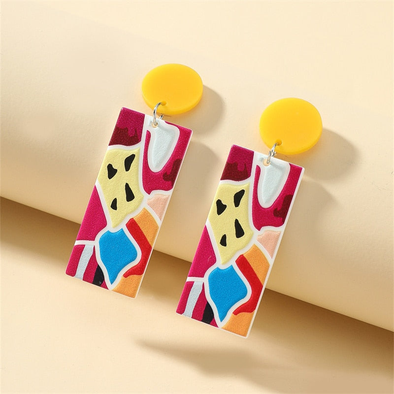 Retro Acrylic Flower Temperament Contrast Color Square Earrings