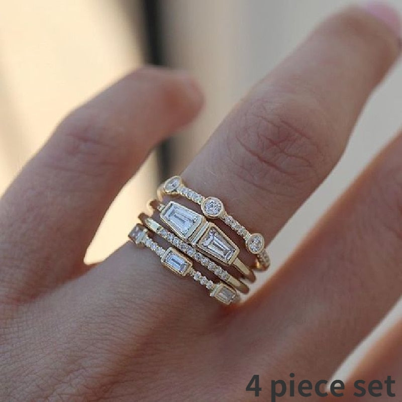 4 pcs/set Geometric Gold Color Combination Round Zircon Crystal Ring
