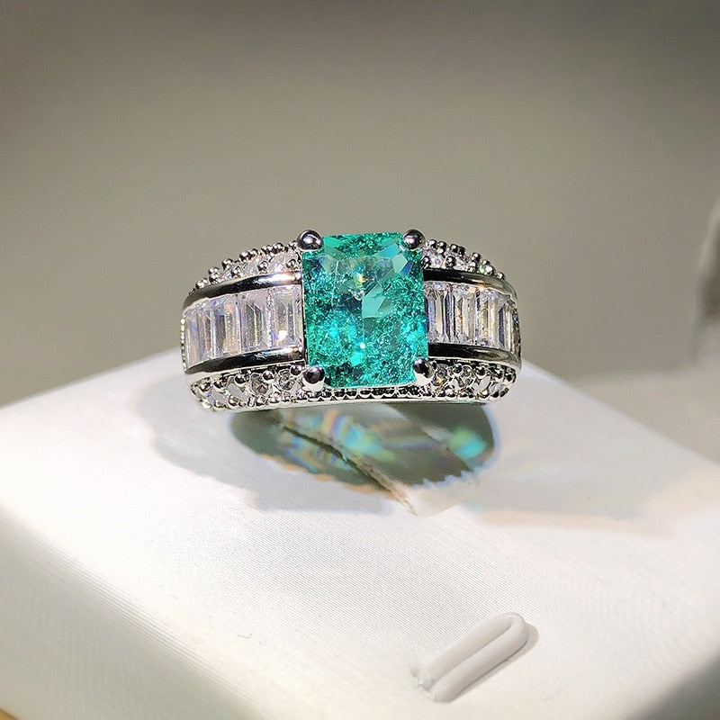 925 Silver High Carbon Seiko Quality Princess Square Paraiba Ring