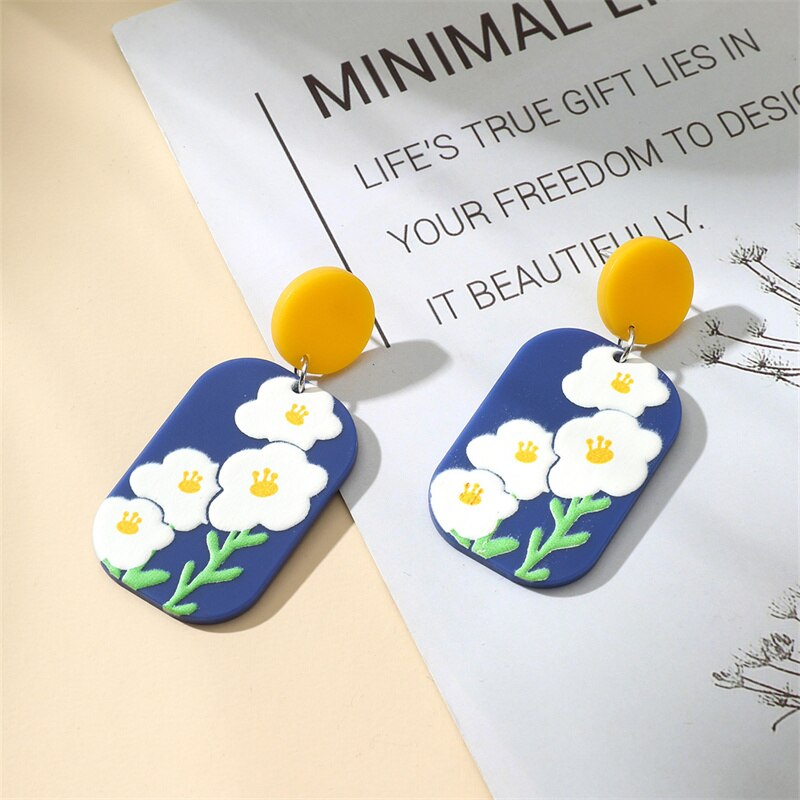 Retro Acrylic Flower Temperament Contrast Color Square Earrings