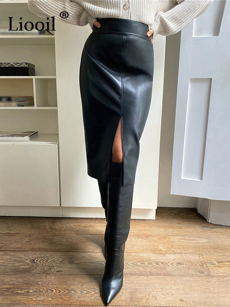 Liooil Women Faux Leather Slit Pencil Office Skirt
