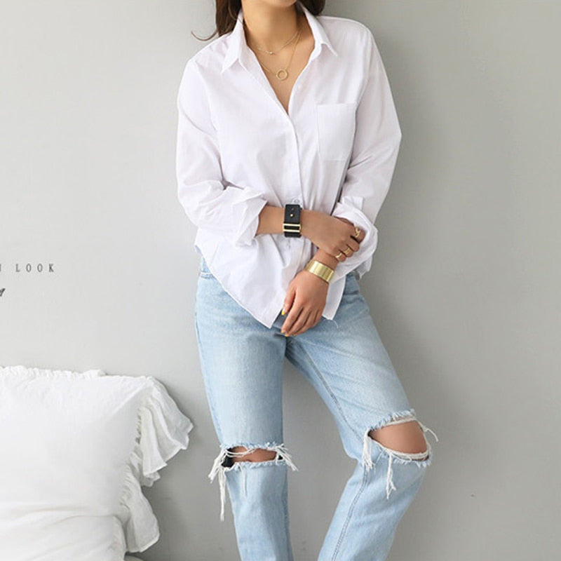 Feminine Blouse Long Sleeve White Turn-down Collar OL Style Loose Blouse
