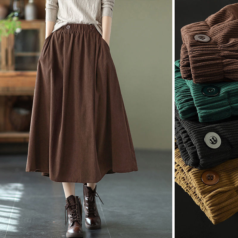 Japanese Style Brown Retro Corduroy Skirt Elegant Woman